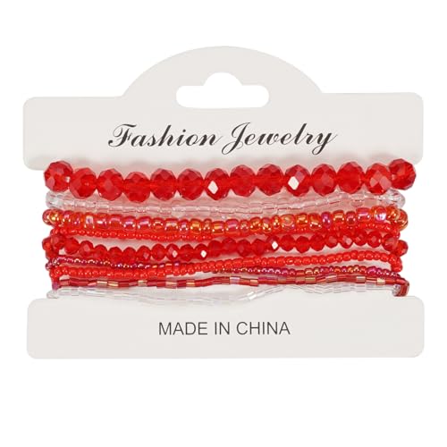 Boho Colorful Stackable Crystal Glass Beads Stretch Bracelets Multilayered Bracelets for Women Bohemian Jewelry - color: Red 9pcs