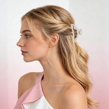 2PCS White Pearl Hair Clips Elegance Pearl Claw Clip Large Non-Slip Hair Claws for Women Girls Strong Hold Jaw Clip for Thick and Thin Hair