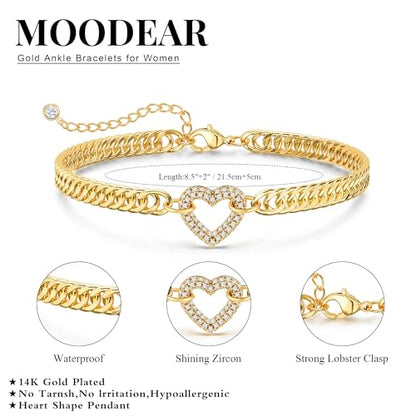 Moodear Gold Ankle Bracelets for Women Waterproof,14K Gold Plated Anklets | Waterproof, Non Tarnish Cuban Link Anklets, Trendy Jewelry Accessories for Summer Vacation, Beach Gifts for Women - style: Cuban CZ Heart