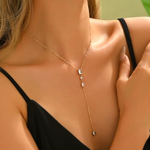 Lariat Necklaces for Women 18K Gold Plated Cubic Zirconia Heart Necklaces Dainty Star Lightning Sun and Moon Necklace Trendy Y Shaped Drop Diamond Necklace - color: 4 CZ Y Necklace-GD