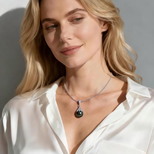 Genuine Tahitian Black Pearl Necklaces for Women, 9-12mm AAAA Seawater Pearl - Sterling Silver Moissanite Pendant, Wedding Anniversary, Birthday, Christmas Gift for Wife, Mom, Girlfriend, Fine Jewelry - size: 11-12mm, style: Foliate Drop