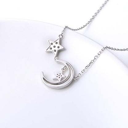 Ladytree 925 Sterling Silver Jewelry Crescent Moon and Star Pendant Necklace - style: Two Stars