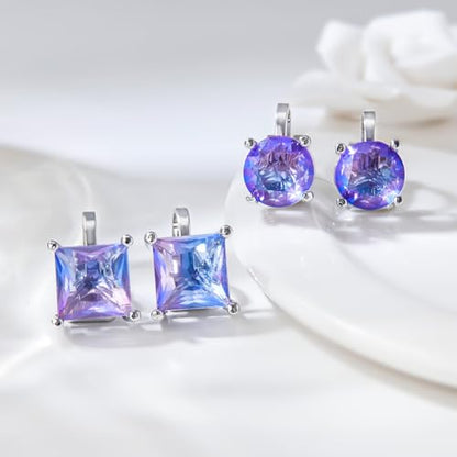YOQUCOL 2 Pairs 8MM Cubic Zirconia Crystal Clip On Stud Earrings Non Pierced Stud Earrings For Women - color: Aurora-Purple Blue