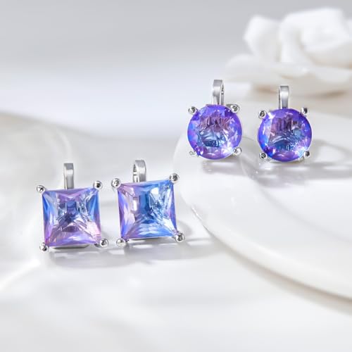 YOQUCOL 2 Pairs 8MM Cubic Zirconia Crystal Clip On Stud Earrings Non Pierced Stud Earrings For Women - color: Aurora-Purple Blue