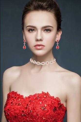 Women Rhinestone Crystal Jewelry Set Crystal Tennis Design Rhinestone Choker Necklace Link Bracelet Teardrop Earrings Set Wedding Bridal Bridesmaids Party - color: Red