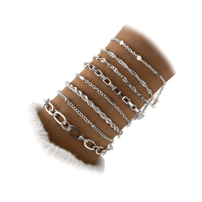 IFKM Gold Bracelets for Women, 14K Gold Plated Dainty Link Chain Bracelet set, Trendy Stackable Layered Bracelets jewelry Gifts - style: 8pcs Silver Chain twist box