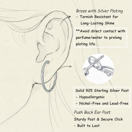 14K Gold/Silver Plated Twisted Hoop Earrings for Women - Sparkly Diamond-Cut Large Hoops with 925 Sterling Silver Post, Lightweight Hypoallergenic Trendy Jewelry Gifts (30mm / 40mm) - size: Silver 50mm