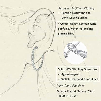 14K Gold/Silver Plated Twisted Hoop Earrings for Women - Sparkly Diamond-Cut Large Hoops with 925 Sterling Silver Post, Lightweight Hypoallergenic Trendy Jewelry Gifts (30mm / 40mm) - size: Silver 50mm