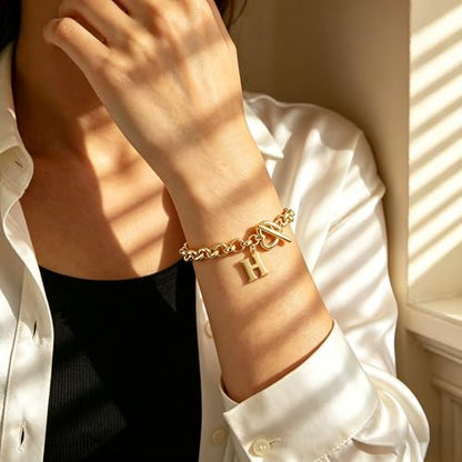 14K Gold Plated Stainless Steel A-Z Alphabet Letter Heart Bracelet | Non-Tarnish Dainty Charm with a Romantic Toggle Clasp Daily Fashion Jewelry, 7-inch Rolo Chain, Personalized Gift for Her - color: H