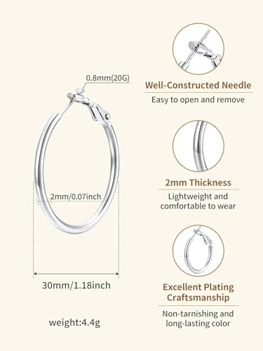 FindChic Thin Hoop Earrings for Women,Silver/Black/Gold Plated 20-100mm - color: Silver, size: 30mm