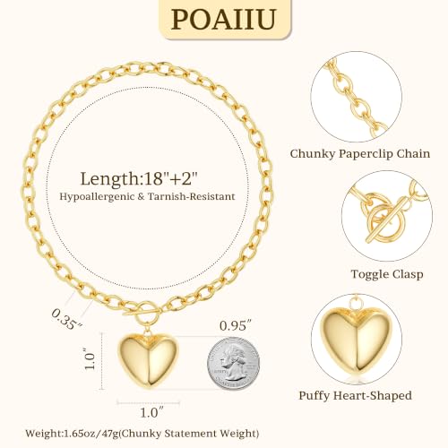 Chunky Gold Necklace for Women | 14K Gold Plated Hammered Heart Pendant O-Link Chain Necklace with Toggle Clasp, Waterproof Statement Jewelry Gift for Her - color: Dainty Gold Heart Necklace