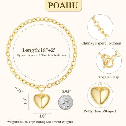 Chunky Gold Necklace for Women | 14K Gold Plated Hammered Heart Pendant O-Link Chain Necklace with Toggle Clasp, Waterproof Statement Jewelry Gift for Her - color: Dainty Gold Heart Necklace