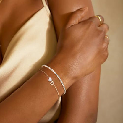 Gold Bracelets for Women Trendy Dainty 14K Gold Plated Layered Initial Tennis Bracelets for Women Non Tarnish A-Z Heart Letter Charm Gifts for Mom Best Friend - style: Gold-D