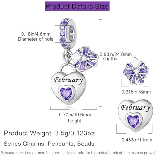 Love Heart Birthstone Dangle Charms Compatible with Pandora Bracelets | 925 Sterling Silver 5A Cubic Zirconia Mother's Day Christmas Birthday Birthstone Gifts Bead Charm Pendants Women Jewelry - color: February Dangle Birthstone Charms