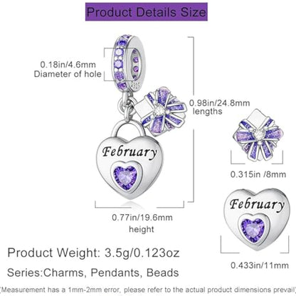 Love Heart Birthstone Dangle Charms Compatible with Pandora Bracelets | 925 Sterling Silver 5A Cubic Zirconia Mother's Day Christmas Birthday Birthstone Gifts Bead Charm Pendants Women Jewelry - color: February Dangle Birthstone Charms