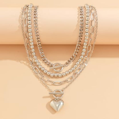 4pcs Layered Gold Necklace for Women NonTarnish Chunky Gold Necklace Retro Coin Heart Pendant Necklace Paperclip Chain Jewelry Set - color: silver