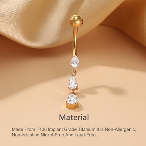 Gold Belly Button Ring, Titanium Dangle Floating Navel Piercing Jewelry - color: Gold-Dangle-10mm