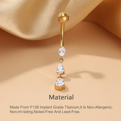 Gold Belly Button Ring, Titanium Dangle Floating Navel Piercing Jewelry - color: Gold-Dangle-10mm