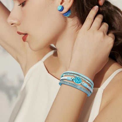 Wrapped Bracelets for Women,Leather Boho Bracelets for Women - color: Beads-Teal