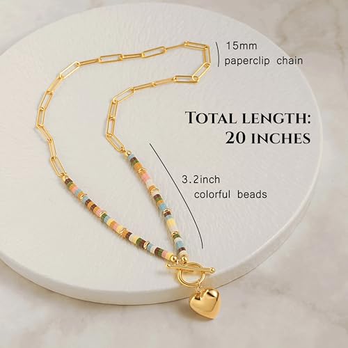18k Gold Plated Chain Link Necklace for Women, Baroque Pearl/Compass Pendant Necklace - color: Colorful Beads Heart