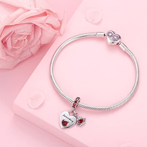 Birthstone Charms for Charms Bracelet: 925 Sterling Silver Heart Dangle Charms for Bracelets and Necklaces, Birthday Mother's Day Christmas Gifts For Women. - color: January