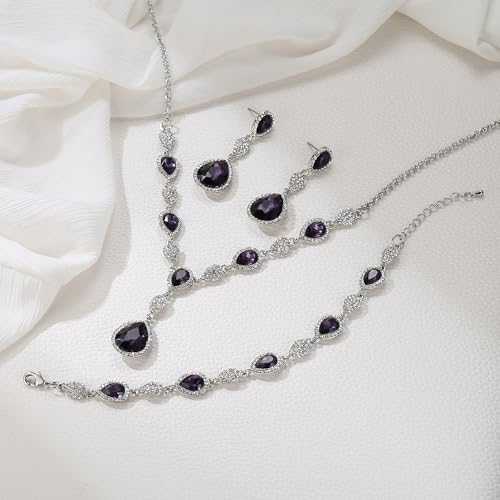 EleQueen Women's Wedding Bridal Jewelry Sets for Brides Bridesmaids, Cubic Zirconia Teardrop Necklace Tennis Bracelet Dangle Earrings Jewellery Set - color: 10-Amethyst Color Clear-Tone