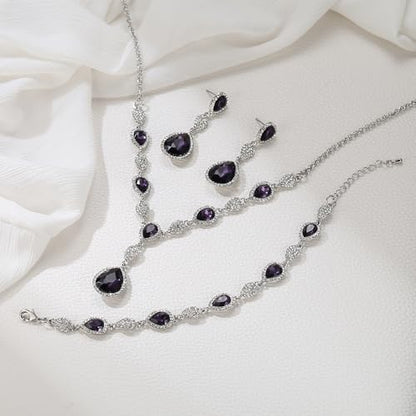 EleQueen Women's Wedding Bridal Jewelry Sets for Brides Bridesmaids, Cubic Zirconia Teardrop Necklace Tennis Bracelet Dangle Earrings Jewellery Set - color: 10-Amethyst Color Clear-Tone