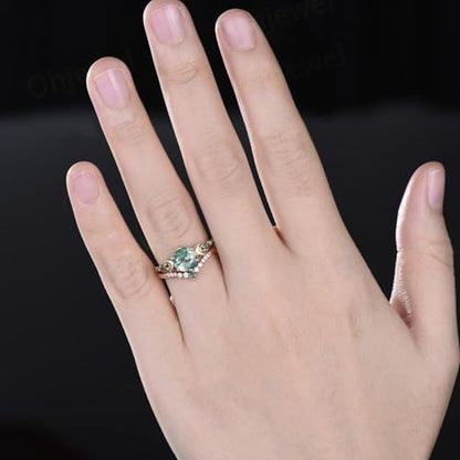 10K 14K 18K Rose Gold 2CT Natural Moss Agate Engagement Ring Set for Women 925 Sterling Silver Genuine Round Green Moss Agate Leaf Art Deco Bridal Wedding Ring Set (Size 4-15)