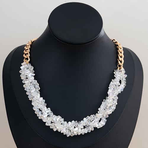 Crystal Statement Necklace with Gold Chain, Black and Clear Crystal Clusters, Chunky Curb Link Design, Fashion Jewelry for Women - color: White