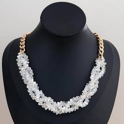 Crystal Statement Necklace with Gold Chain, Black and Clear Crystal Clusters, Chunky Curb Link Design, Fashion Jewelry for Women - color: White