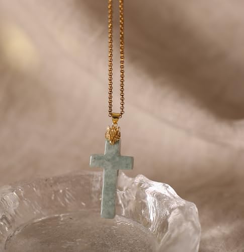 Jade Cross Pendant Necklace, Designed in California, Green Jade Stone with 18K Gold Plated Fox Bail, Religious Amulet Jewelry Gift for Men and Women