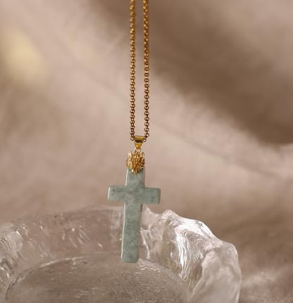 Jade Cross Pendant Necklace, Designed in California, Green Jade Stone with 18K Gold Plated Fox Bail, Religious Amulet Jewelry Gift for Men and Women