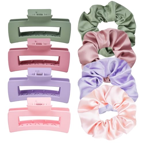8pcs Hair Clips and Scrunchies Set for Women – 4 Non-Slip Matte Claw Clips, 4 Satin Scrunchies, Hair Accessories Set for Thin Thick Hair, Birthday/Party/Daily Use, Colorful Mixed - color: Colorful Mixed