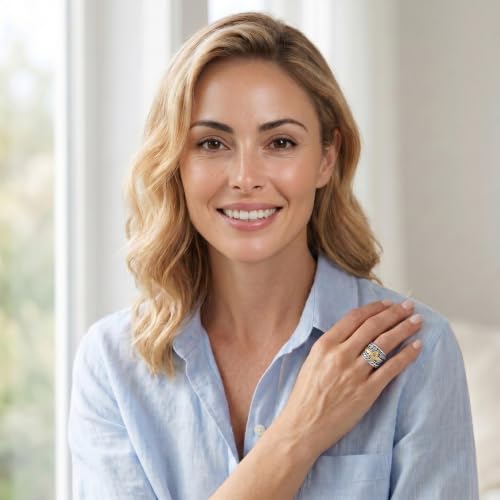 JEAN RACHEL JEWELRY 925 Sterling Silver Mixed Metal Cross Ring, Two-Tone Textured Wide Hammered Statement Band for Women
