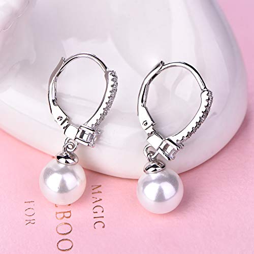 JO WISDOM 925 Sterling Silver Freshwater Pearl Hoop Earrings with Dangle Real Pearl,Simulated Pearls - color: B-8mm white pearl,round shape
