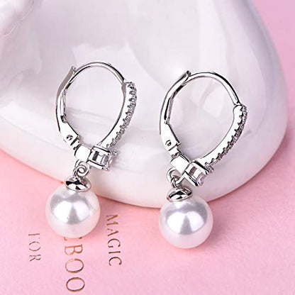 JO WISDOM 925 Sterling Silver Freshwater Pearl Hoop Earrings with Dangle Real Pearl,Simulated Pearls - color: B-8mm white pearl,round shape
