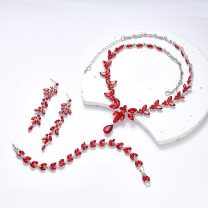 EVER FAITH Marquise Crystal Leaf Bridal Prom Jewelry Set for Women Bride | Rhinestone Wedding Party Necklace Dangle Earrings Tennis Bracelet, for Bridesmaid - color: Ruby Red