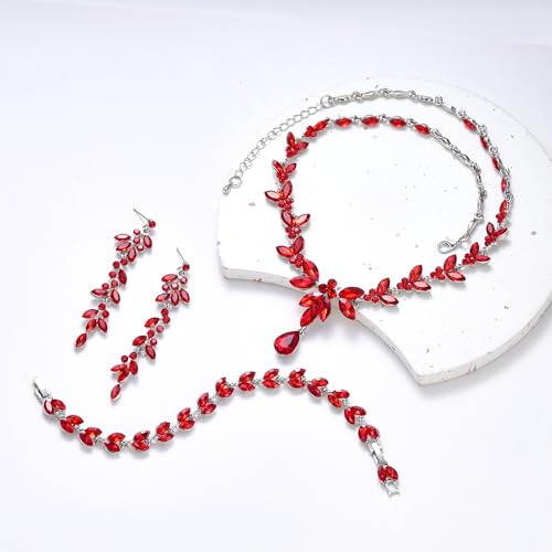 EVER FAITH Marquise Crystal Leaf Bridal Prom Jewelry Set for Women Bride | Rhinestone Wedding Party Necklace Dangle Earrings Tennis Bracelet, for Bridesmaid - color: Ruby Red