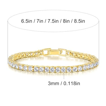 Gemsme 4 Prong Tennis Bracelet, 18K White/Yellow Gold Plated 3mm Round Cubic Zirconia Bracelet for Women Size 6-8.5 Inch - color: Gold Plated, size: 6.5 inch