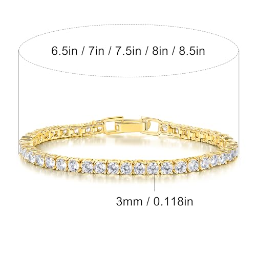 Gemsme 4 Prong Tennis Bracelet, 18K White/Yellow Gold Plated 3mm Round Cubic Zirconia Bracelet for Women Size 6-8.5 Inch - color: Gold Plated, size: 6 inch