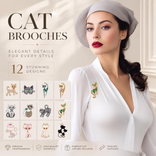 12 Pcs Women Brooches Bulk Vintage Rhinestone Pin Set - style: Cat