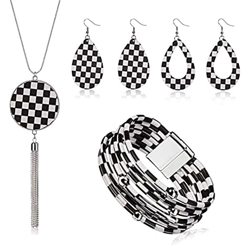 4 Pieces Faux Leather Earrings Necklace Bracelet Set 4 Pieces Christmas Plaid Stripe Jewelry Set Multi-Layer Leather Bracelet, Dangle Leather Earrings Necklace Glitter Jewelry Set for Women - color: black and white 4