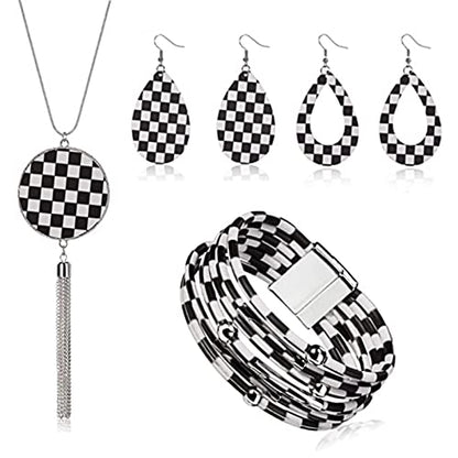 4 Pieces Faux Leather Earrings Necklace Bracelet Set 4 Pieces Christmas Plaid Stripe Jewelry Set Multi-Layer Leather Bracelet, Dangle Leather Earrings Necklace Glitter Jewelry Set for Women - color: black and white 4