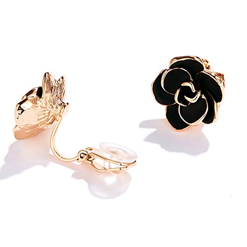 Clip On Earring For Women Pearl Non Pierced Clip Earrings - color: Rose Flower Rose Gold