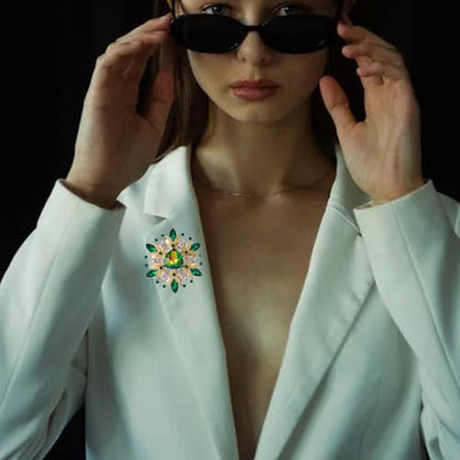 Rhinestone Sunflower Brooch Pin Red Pink Flower Brooch Stylish Crystal Brooch Elegant Clothing Hat Bag Accessories Jewerly for Women - color: Green2