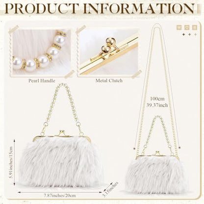 Liliaafar 4 Pcs Evening Clutch Purse with Pearl Jewelry Sets,Clutch Bag Pearl Earrings Necklace Bracelet for Wedding Party - color: White, style: Fluffy Feather