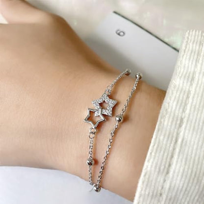 kelistom 925 Sterling Silver Bracelets for Women Teens, Love Heart Charm Chain Bracelet Bangle Fashion Jewelry Gifts - color: Double star-white