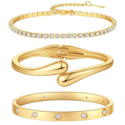 Mothers Day Gifts for Mom 18K Gold-Plated Bracelet Set – Floral Clover, Tennis, Chunky Adjustable Twist Cuff, Classic Gold-plated Bangle Stainless Steel, Non Tarnish, Stackable Bracelet Gift for Women - style: YR gold 3pcs