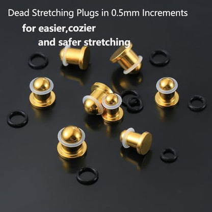 Casvort 22 PCS/16 PCS Hypoallergenic 18G-1'' Comfy Dead Stretching Plugs in 0.5mm Increments Saddle Plugs with Rubber Rings 316 Surgical Stainless Steel Crazy Ear Gauges Body Piercing Jewelry - color: Gold 6.5-10mm 16 PCS