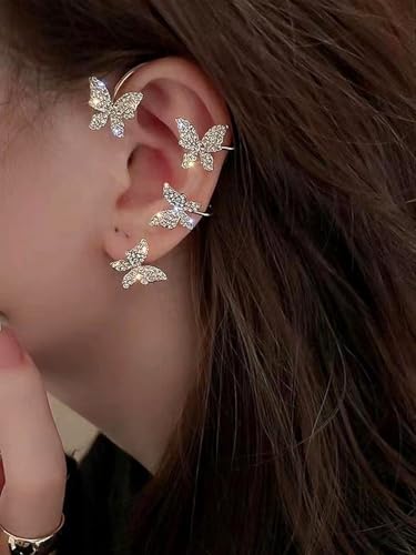 2Pcs Butterfly Ear Cuffs Rhinestone Clip On Earrings | Rhinestone butterfly ear cuffs with non piercing clip on design; silver ear wrap climber jewelry for parties and weddings - style: Style B Gold